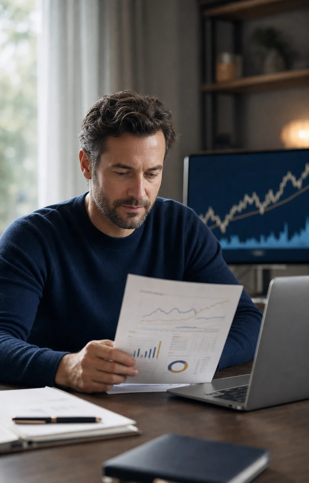 Un investisseur étudie calmement une analyse de marché.